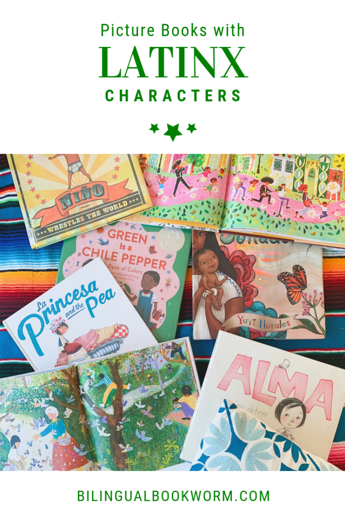 Pinterest graphic featuring a flat lay of picture books with Latinx characters. 